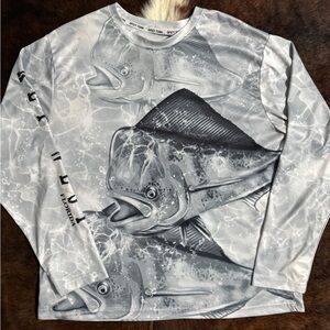 Gray Fish Print Long Sleeve Swim Shirt